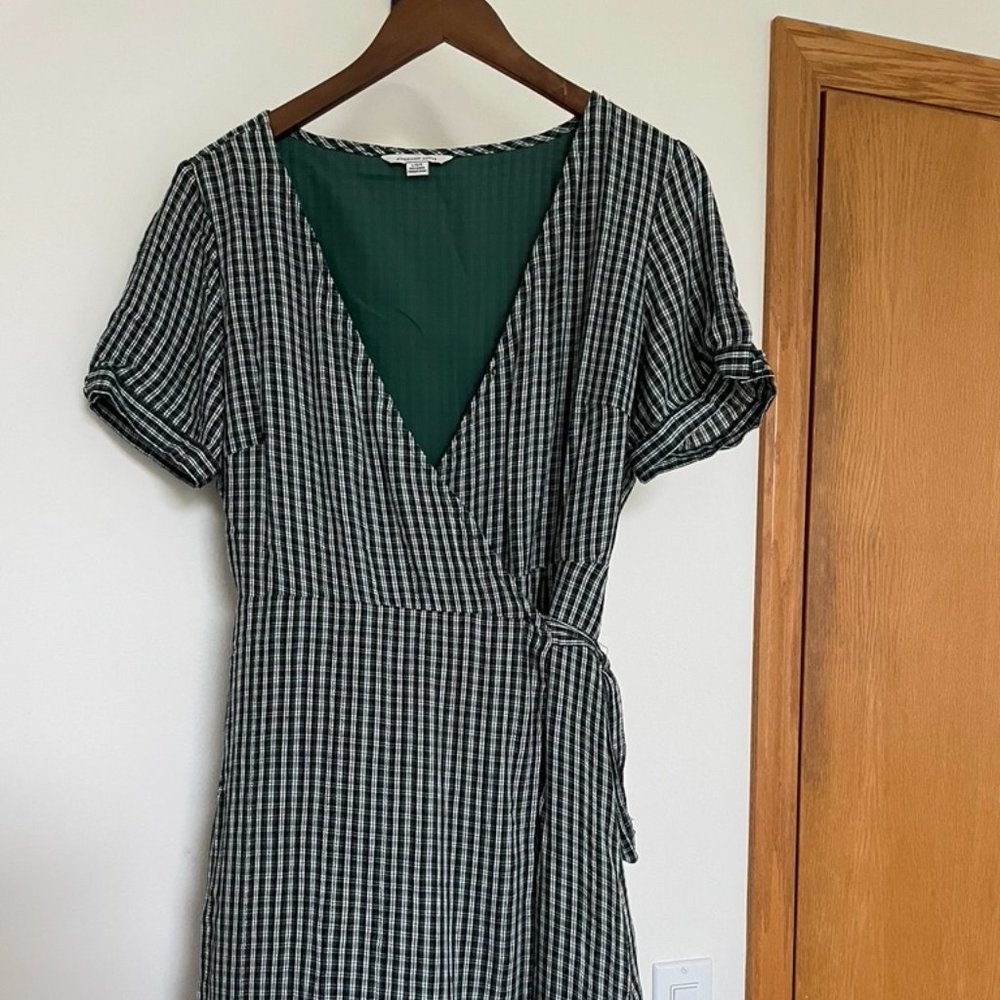 American Eagle Plaid Tie Waist Wrap Dress - Green